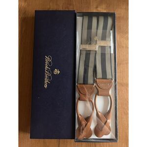 NEW‎ Brooks Brothers Nylon Suspenders Khaki/Navy Striped Adjustable Tan Leather
